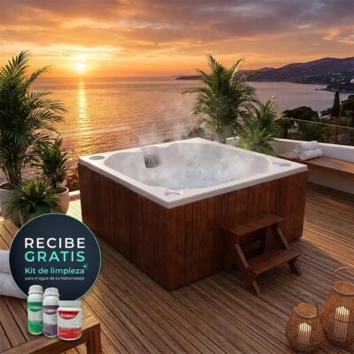 Hidromasaje Santorini Spa portátil de 180x180 cm instalado en terraza exterior
