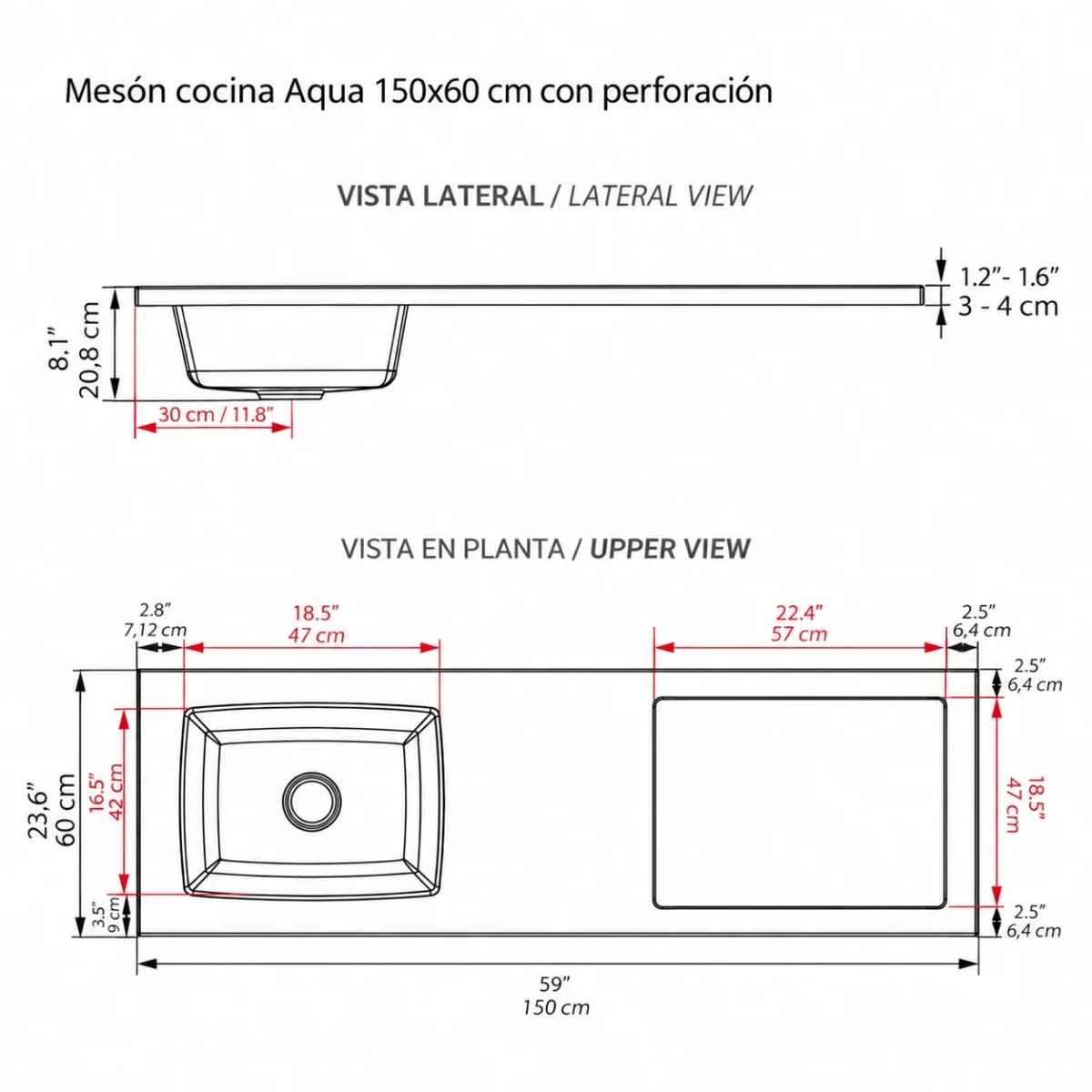 Meson cocina Aqua 150x60 Plano Web Mesón para cocina aqua planos