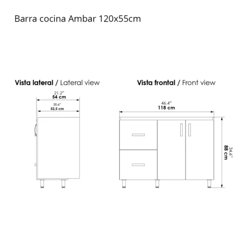 plano mueble barra cocina ambar 120x55cm
