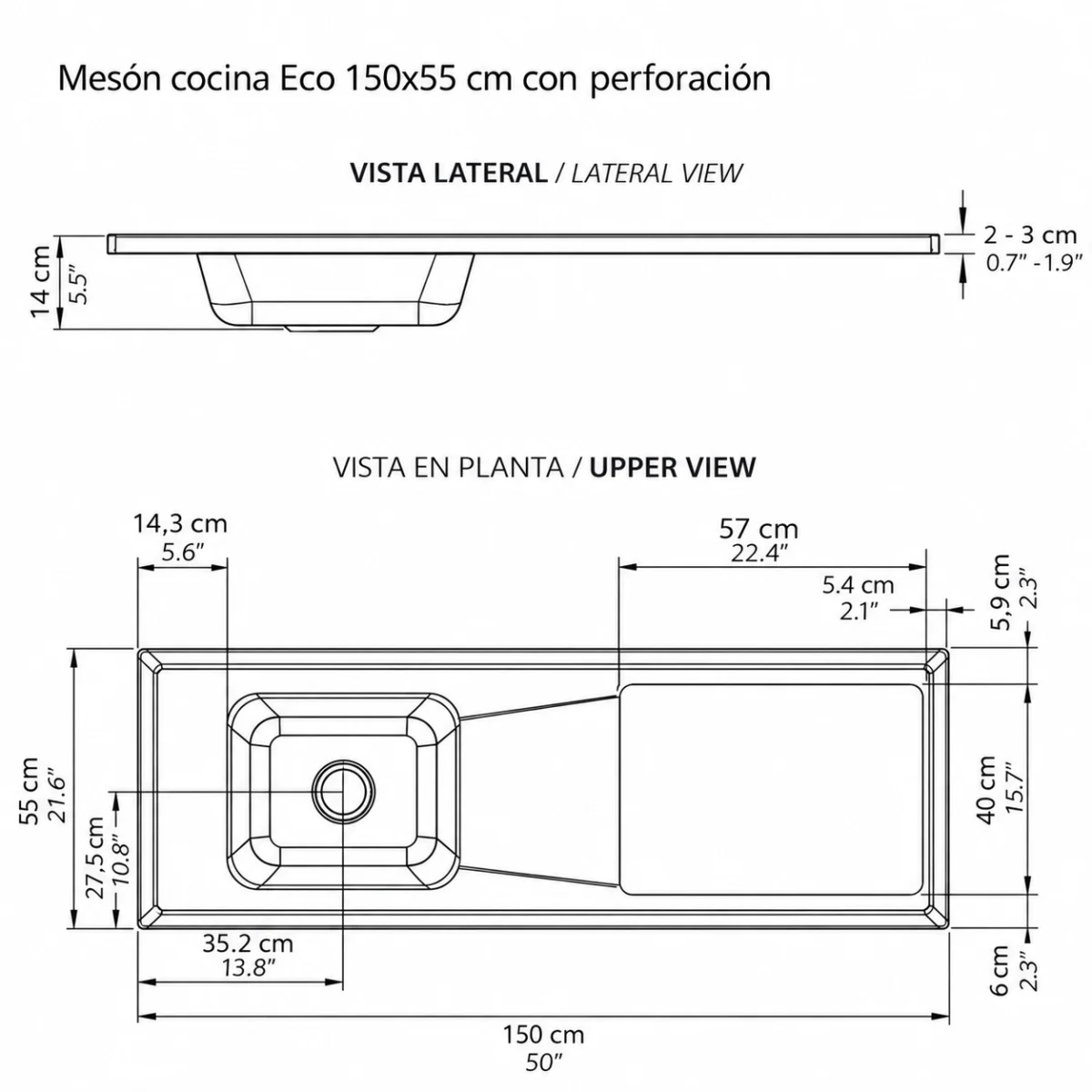 Meson cocina eco 150x55 CON PERF Plano Web Mesón de cocina moderno planos
