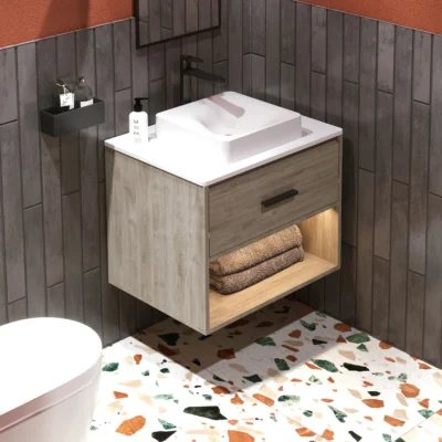 COMBO LAVAMANOS VESSEL MECA + MESÓN OASIS + MUEBLE PICASSO 63X48 CM