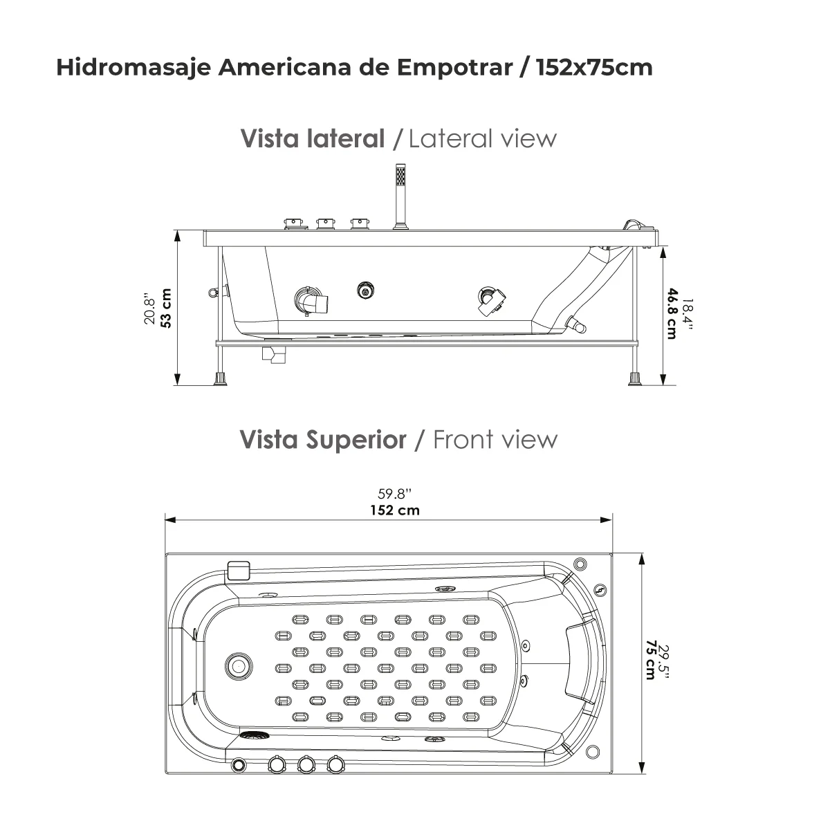 Hidromasaje-Americana-de-Empotrar-152x75cm-V2 jacuzn especificaciones