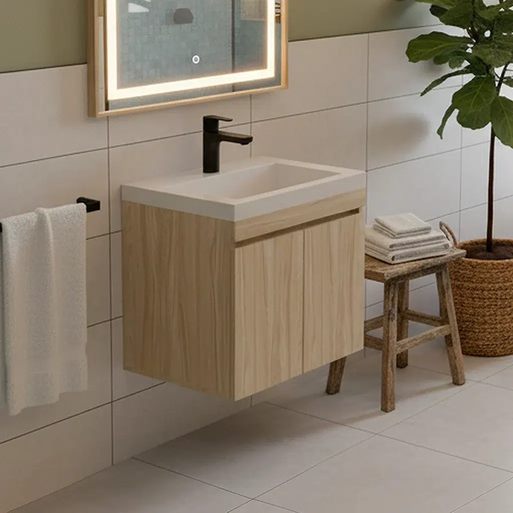 Muebles para baños en madera RH flotante combinados con un moderno lavamanos Firplak de mármol sintético mediante el sistema Mix and Match.